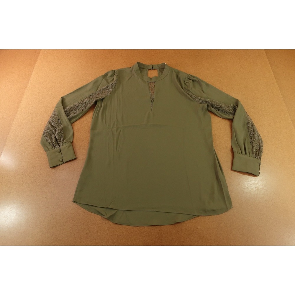 White House Black Market Womens Medium Olive Green Lace + Crepe Blouse Top NWOT